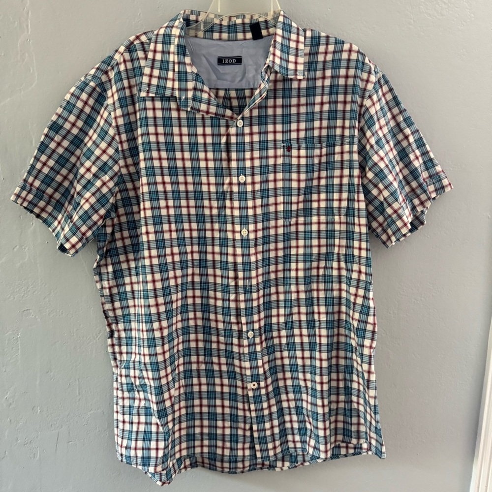 Izod Men's Blue Red White Plaid Button Down Short Sleeve Shirt